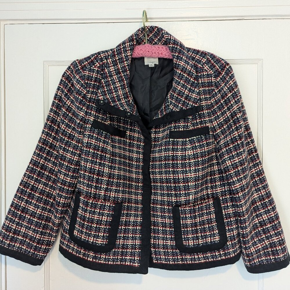 Halogen Cute Cropped Jacket, Navy, White, Red Plaid, Size XL